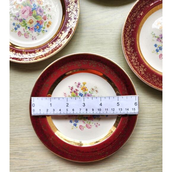 PLATES-BREAD-BUTTER-CENTURY BY SALEM-23K Gold Encrusted-Burgundy-Floral-Set of 4 - Picture 15 of 16